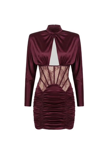 Phoebe Satin Mini Dress with Lace Corset Insert – Burgundy