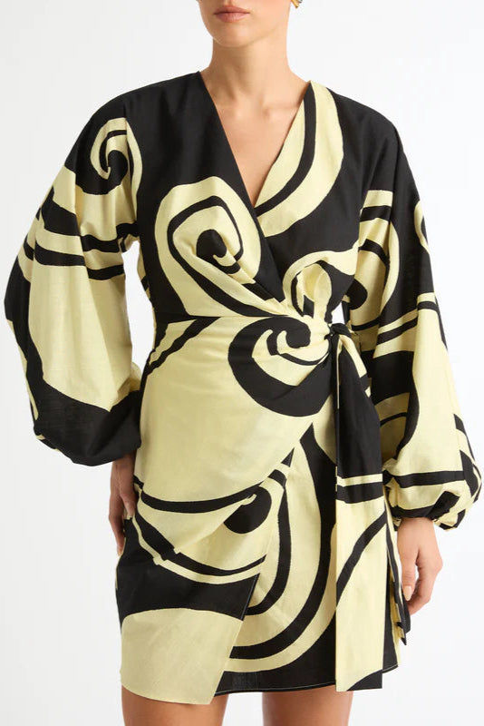 Oceanic Swirl V-Neck Puff Sleeve Mini Dress