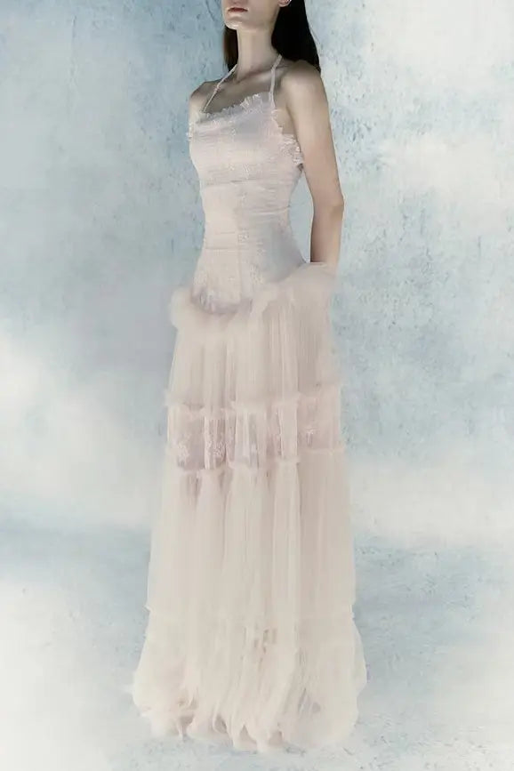 Hermosa Lace Splicing Layer Maxi Dress in Pink Avalabel