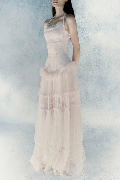 Hermosa Lace Splicing Layer Maxi Dress in Pink