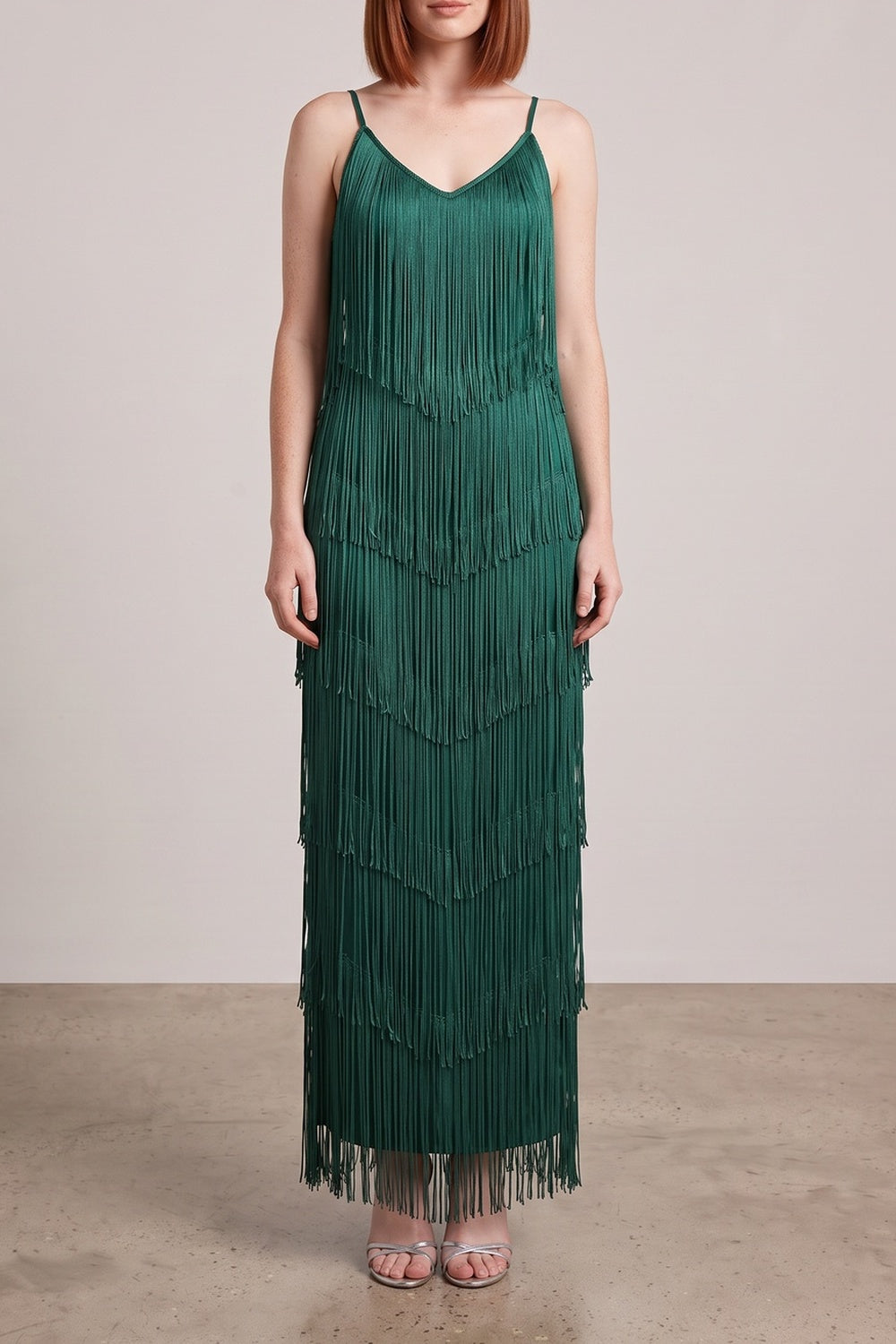Spaghetti Strap V-Neck Layered Fringe Maxi Dress poava