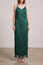 Spaghetti Strap V-Neck Layered Fringe Maxi Dress poava
