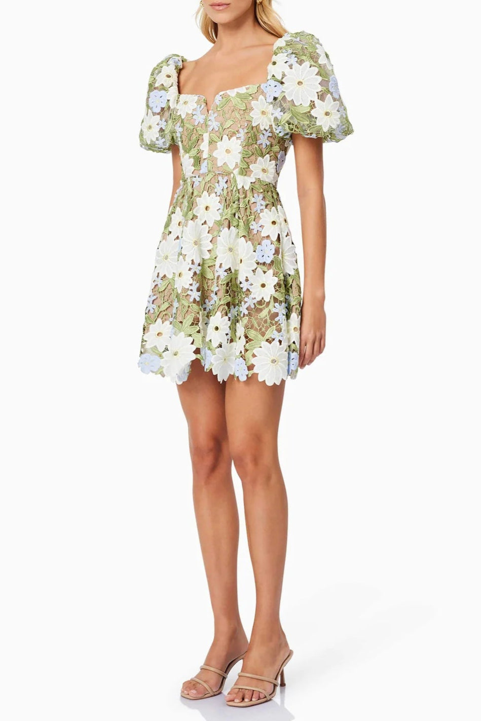 Rebecca Flora Lace Mini Dress in Green Soraya
