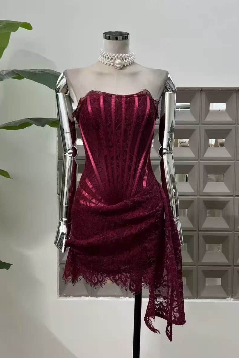 Burgundy Lace Overlay Bustier Mini Dress Avalabel