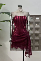 Burgundy Lace Overlay Bustier Mini Dress Avalabel