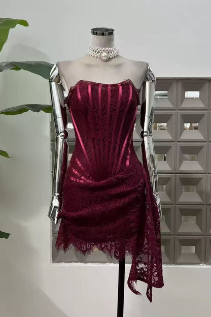 Burgundy Lace Overlay Bustier Mini Dress Avalabel