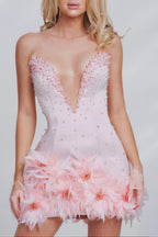 Tube Top deep V-neck pearl bodycon mini dress in pink Avalabel
