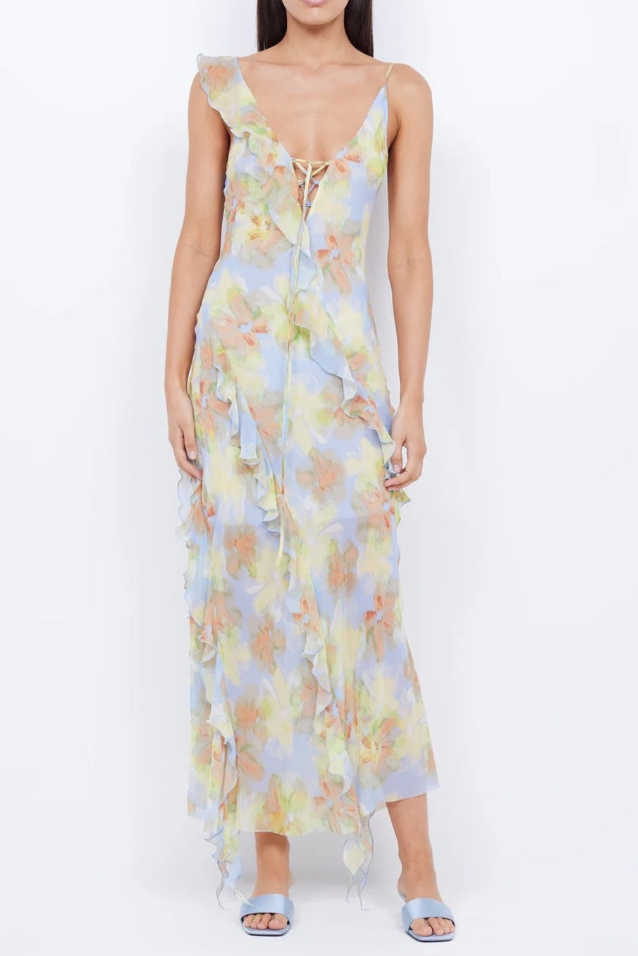 Cecilia Chiffon Ruffles Maxi Dress in Blue Avalabel