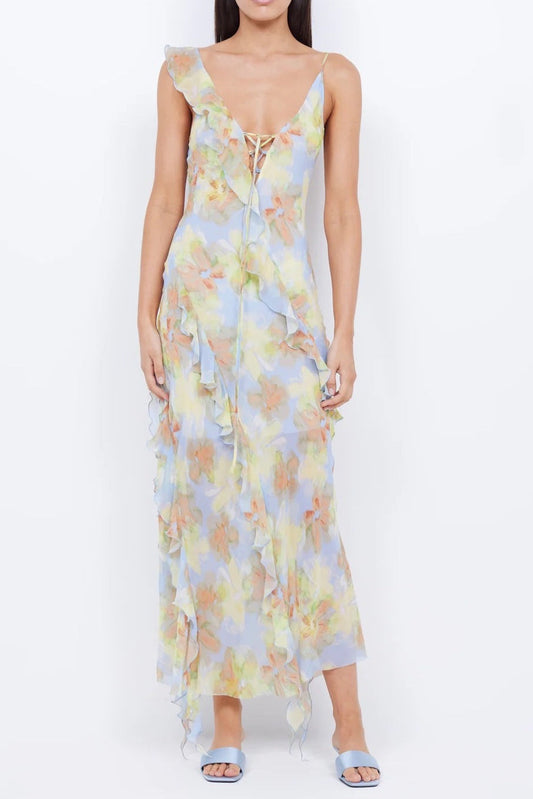 Cecilia Chiffon Ruffles Maxi Dress in Blue