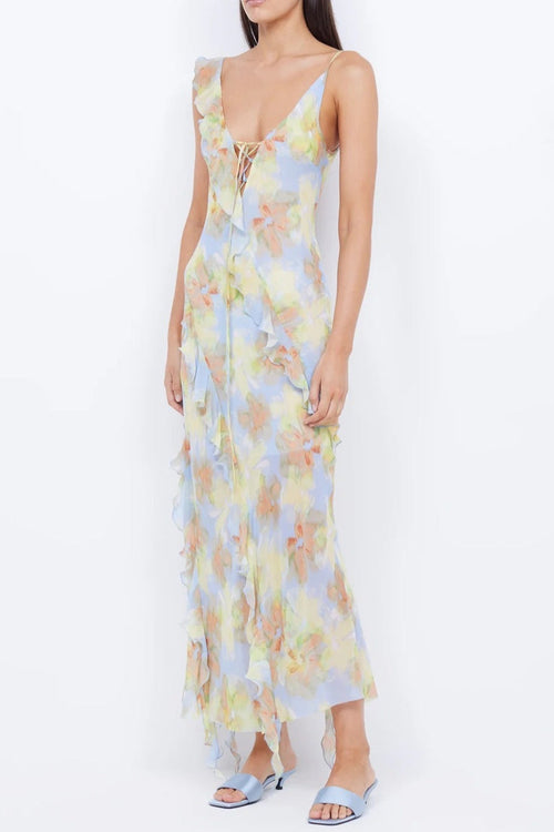 Cecilia Chiffon Ruffles Maxi Dress in Blue Avalabel