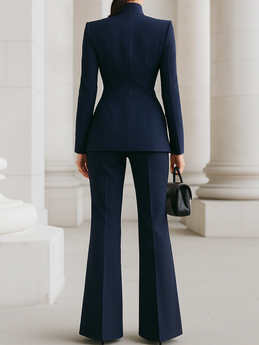 Sophisticated  High-Collar Blazer & Wide-Leg Trousers Set Avalabel