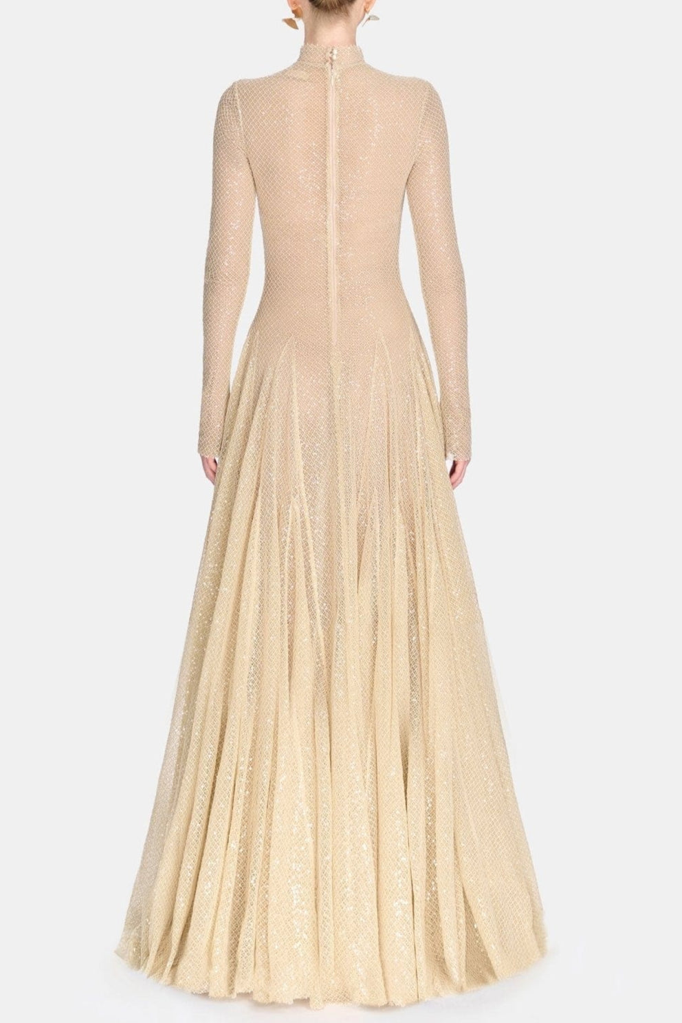 Anila Beige Mesh Long Sleeve Slim Maxi Dress Avalabel