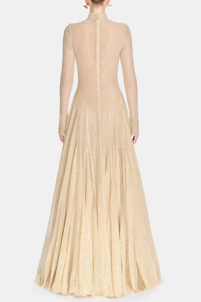 Anila Beige Mesh Long Sleeve Slim Maxi Dress