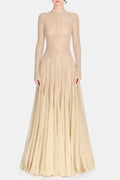 Anila Beige Mesh Long Sleeve Slim Maxi Dress Avalabel