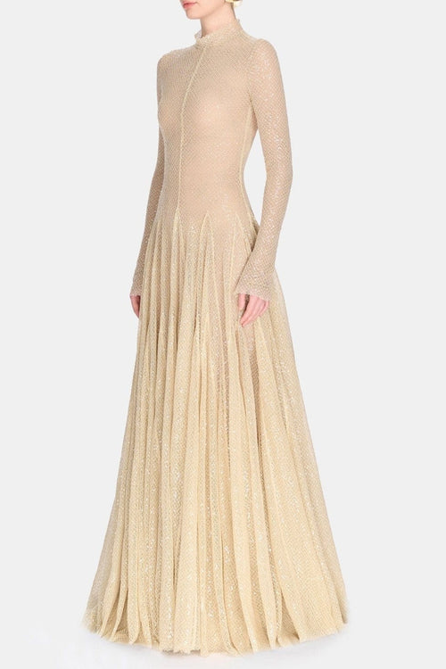 Anila Beige Mesh Long Sleeve Slim Maxi Dress Avalabel