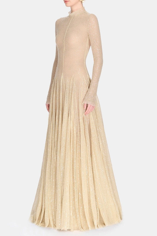 Anila Beige Mesh Long Sleeve Slim Maxi Dress
