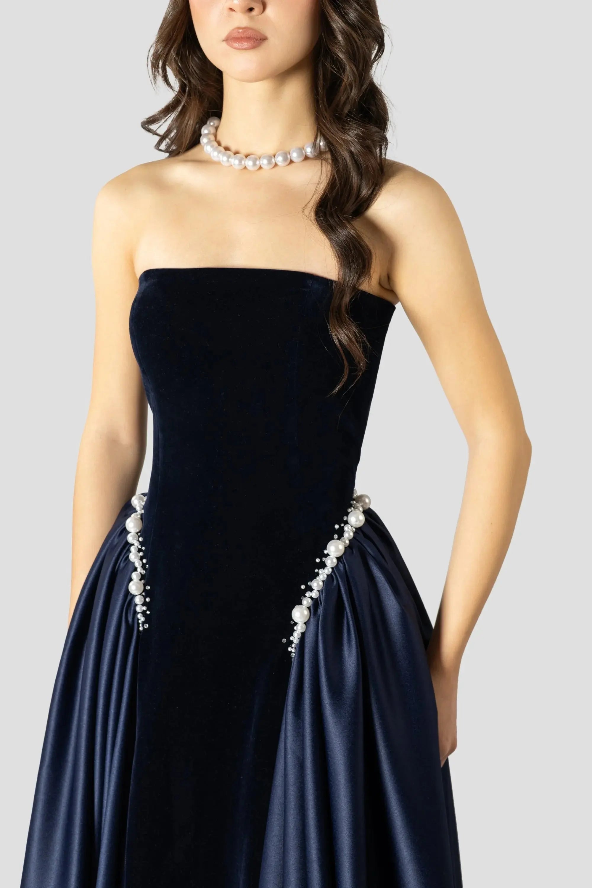 samantha Dark Blue Pearls Embroidered strapless maxi Dress Avalabel