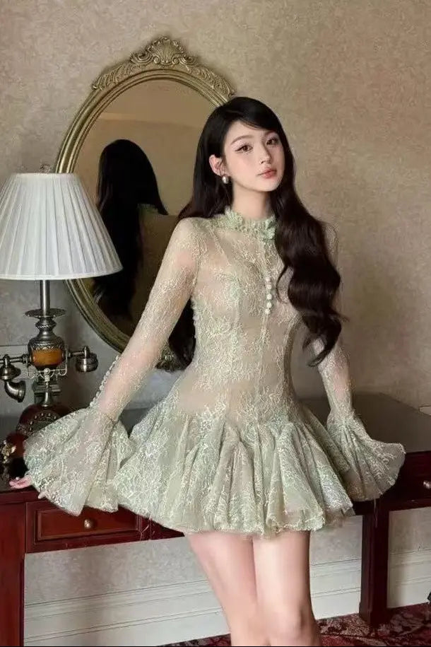 Embroidered Flared long sleeve Mini Dress Avalabel