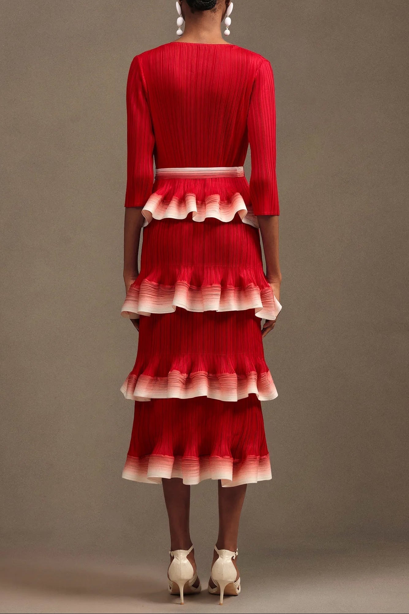 victoria Pleated Round Neck Long Sleeve Falbala Woven Maxi Dress in red Avalabel