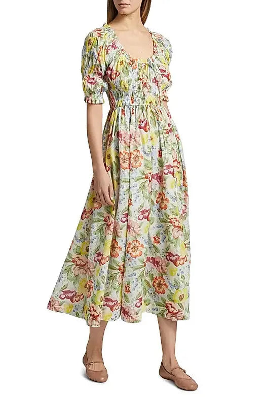 tobey Ischia Floral Smocked Midi Dress Avalabel