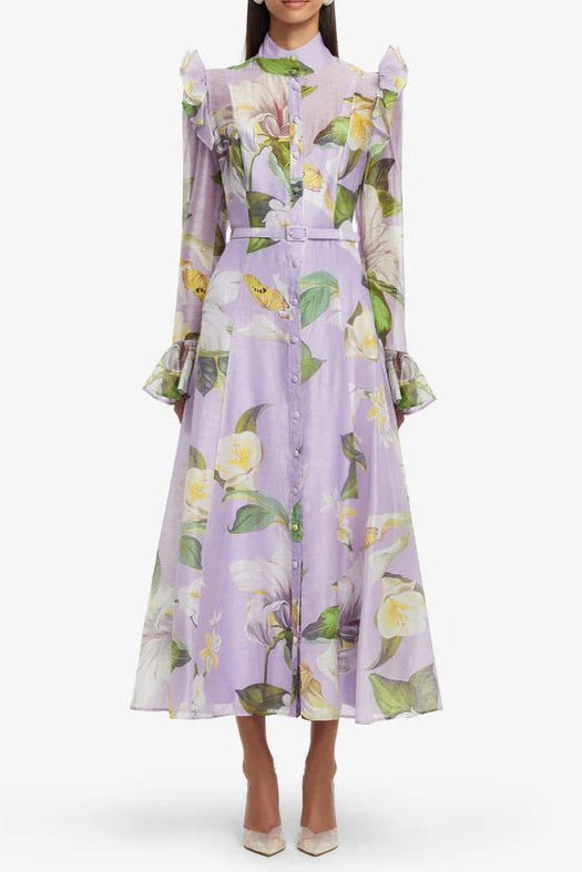 winni Lily Blossom Print Lilac Butterfly Sleeve Midi Dress Avalabel