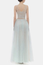 monica blue draped tulle fishbone maxi dress Avalabel