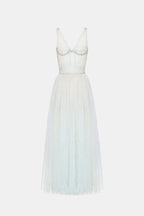 monica blue draped tulle fishbone maxi dress Avalabel
