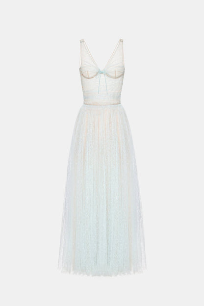monica blue draped tulle fishbone maxi dress