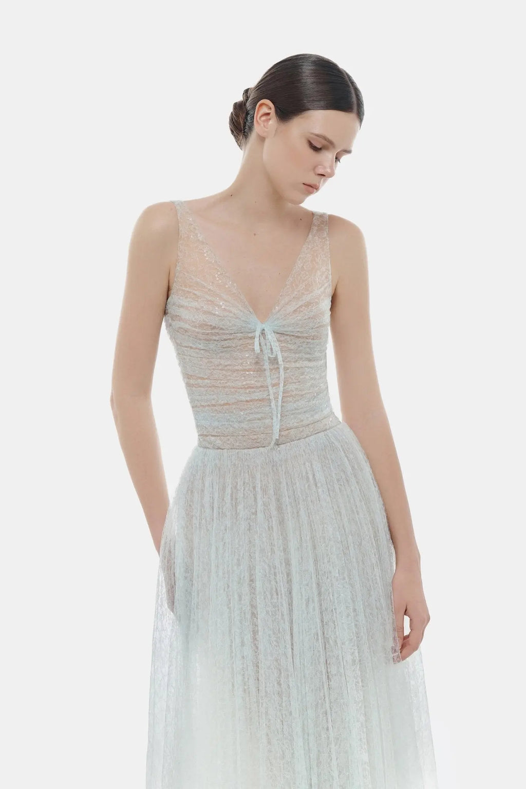 monica blue draped tulle fishbone maxi dress Avalabel