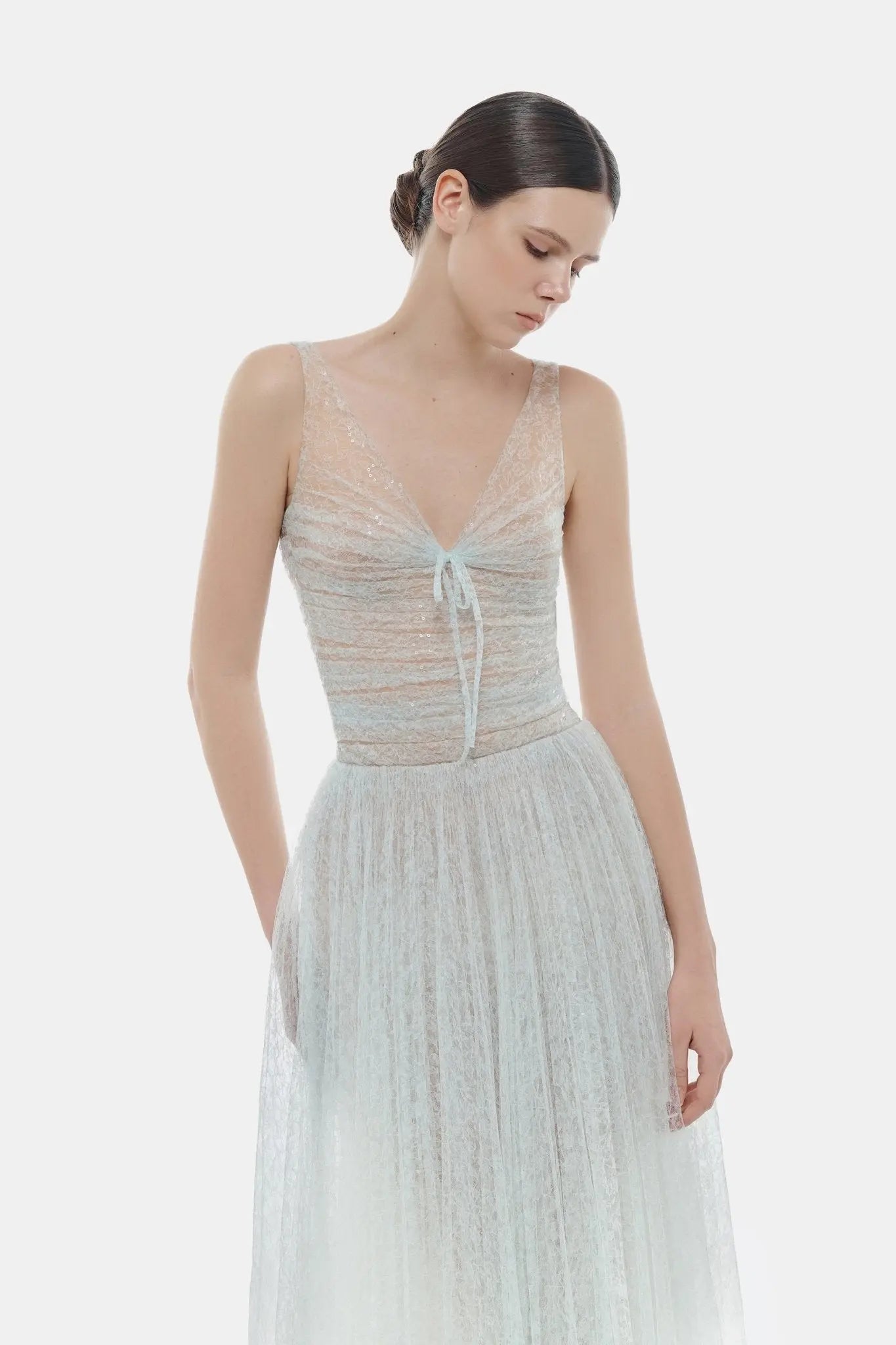 monica blue draped tulle fishbone maxi dress Avalabel