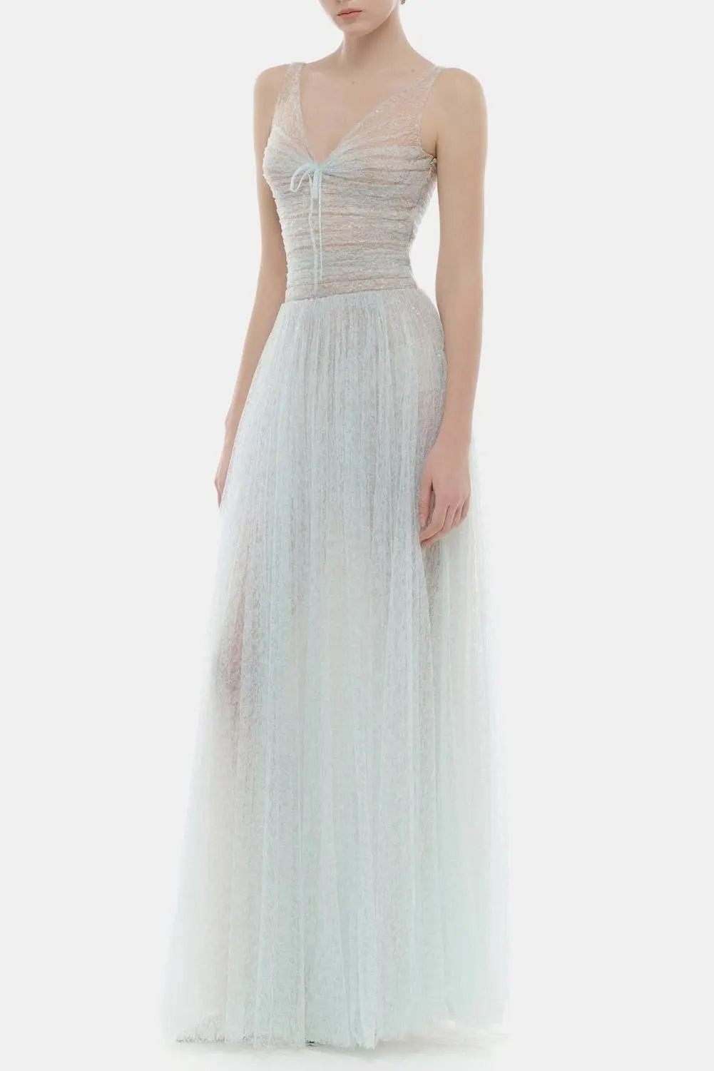 monica blue draped tulle fishbone maxi dress Avalabel