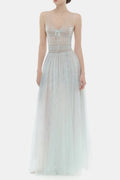 monica blue draped tulle fishbone maxi dress Avalabel