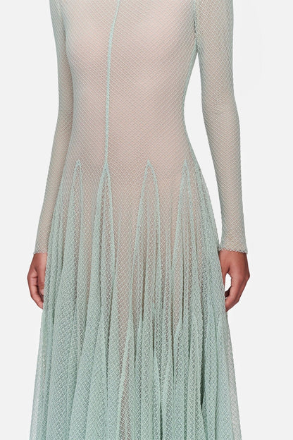 Anila Mint Mesh Long Sleeve Slim Maxi Dress