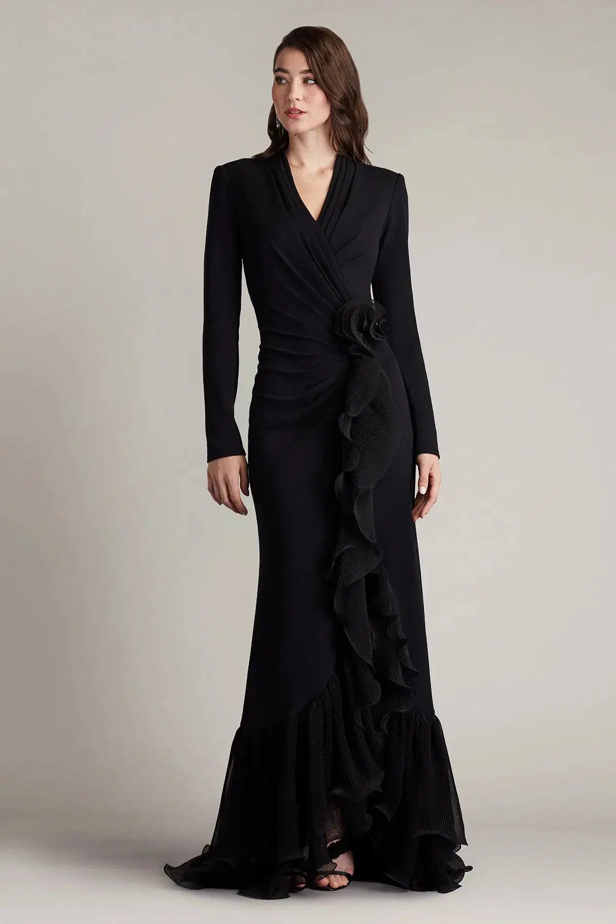 Joyce Black Ruffled Gathered High Slit Knit Midi Dress Avalabel