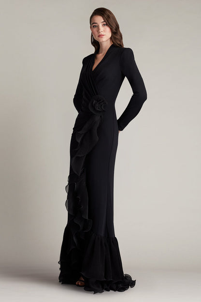 Joyce Black Ruffled Gathered High Slit Knit Midi Dress