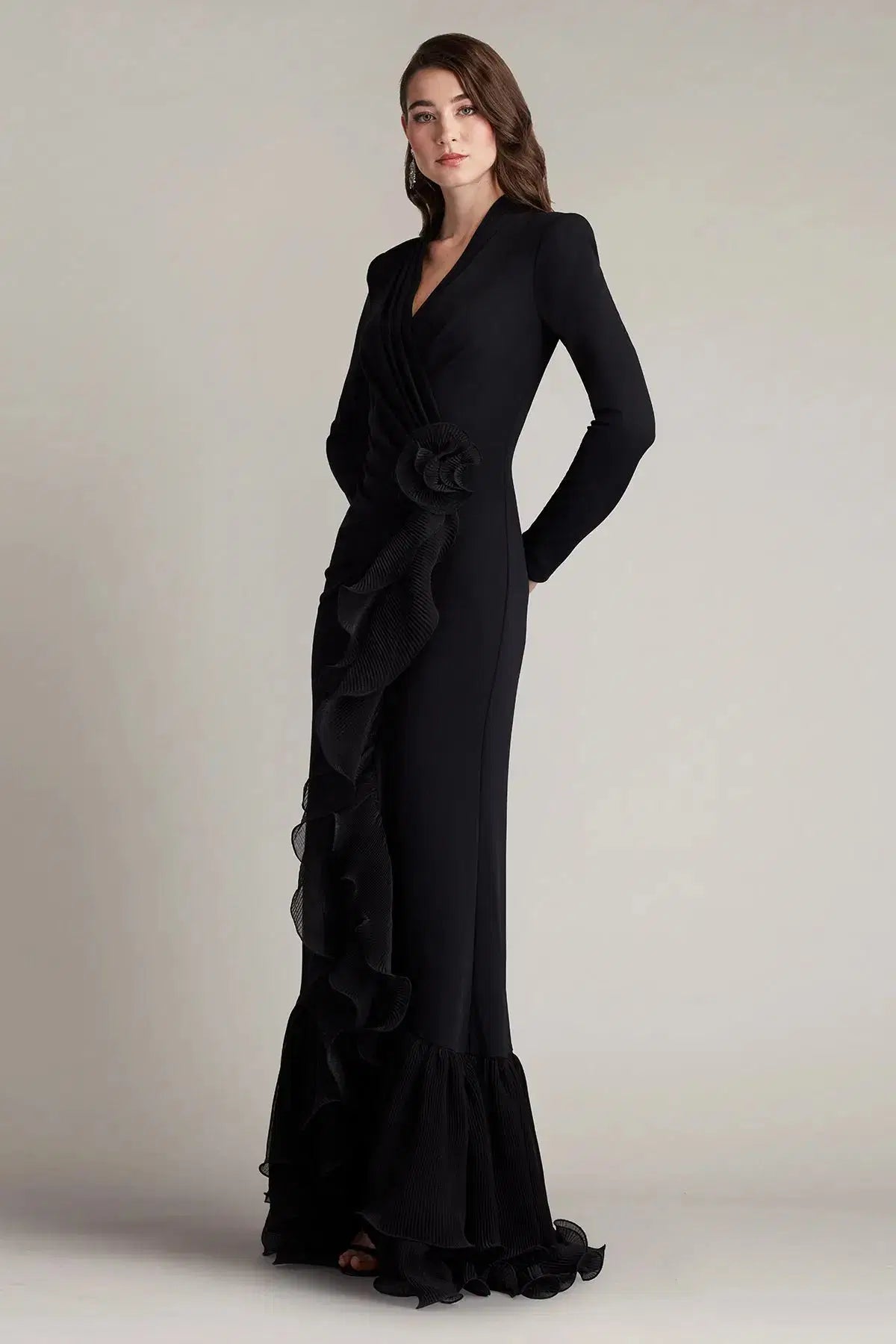 Joyce Black Ruffled Gathered High Slit Knit Midi Dress Avalabel