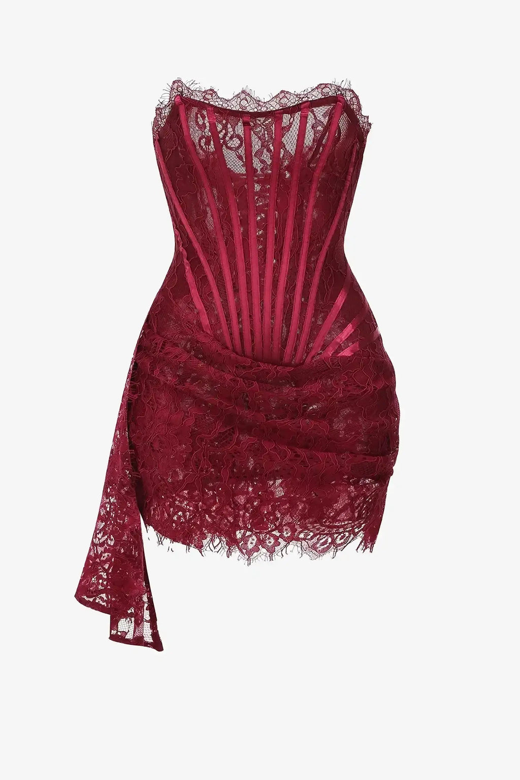 Burgundy Lace Overlay Bustier Mini Dress Avalabel