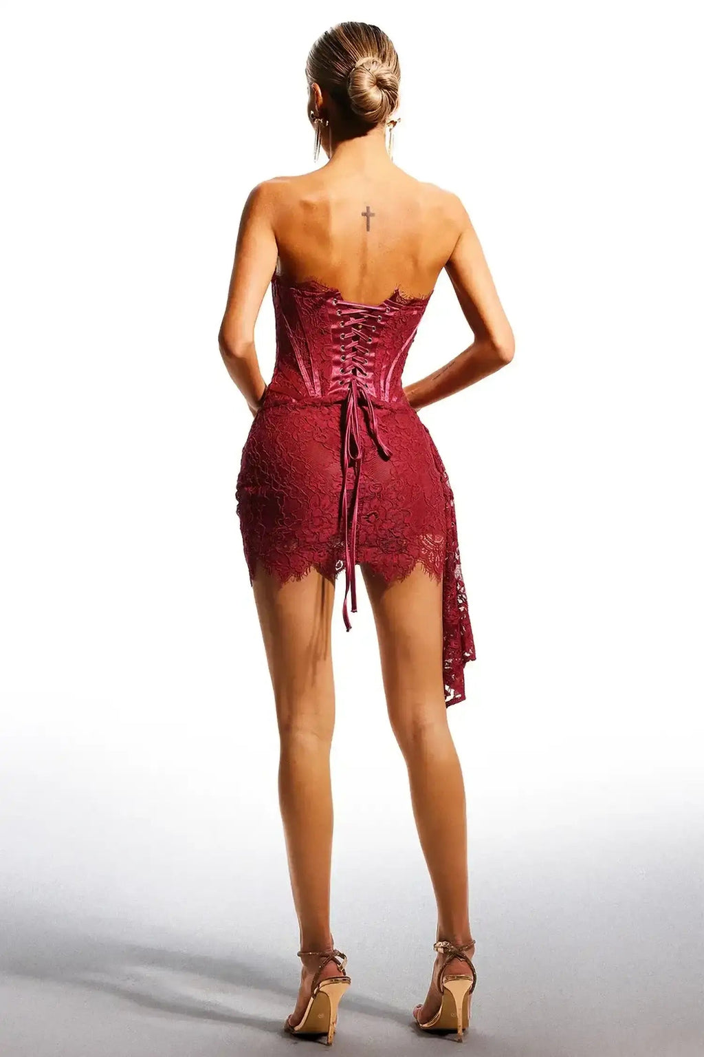 Burgundy Lace Overlay Bustier Mini Dress Avalabel