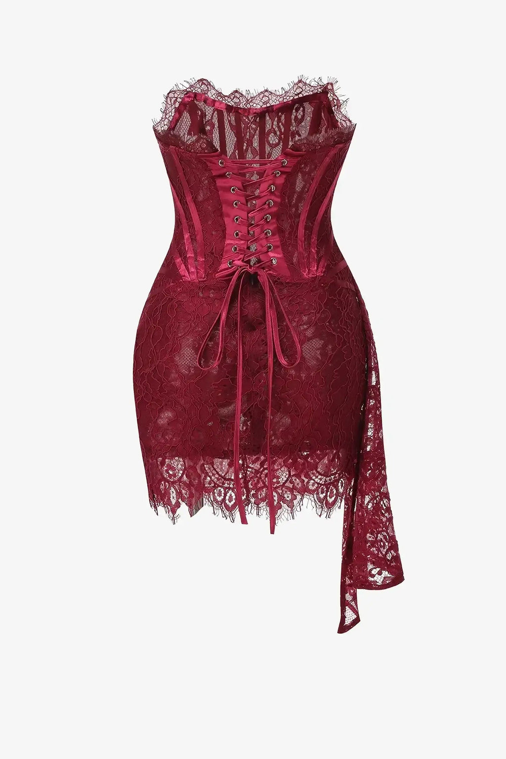 Burgundy Lace Overlay Bustier Mini Dress Avalabel