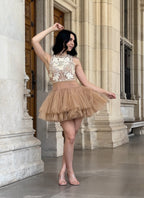 Ballerina |  Beige Tulle Mini Dress with 3D Applique Avalabel