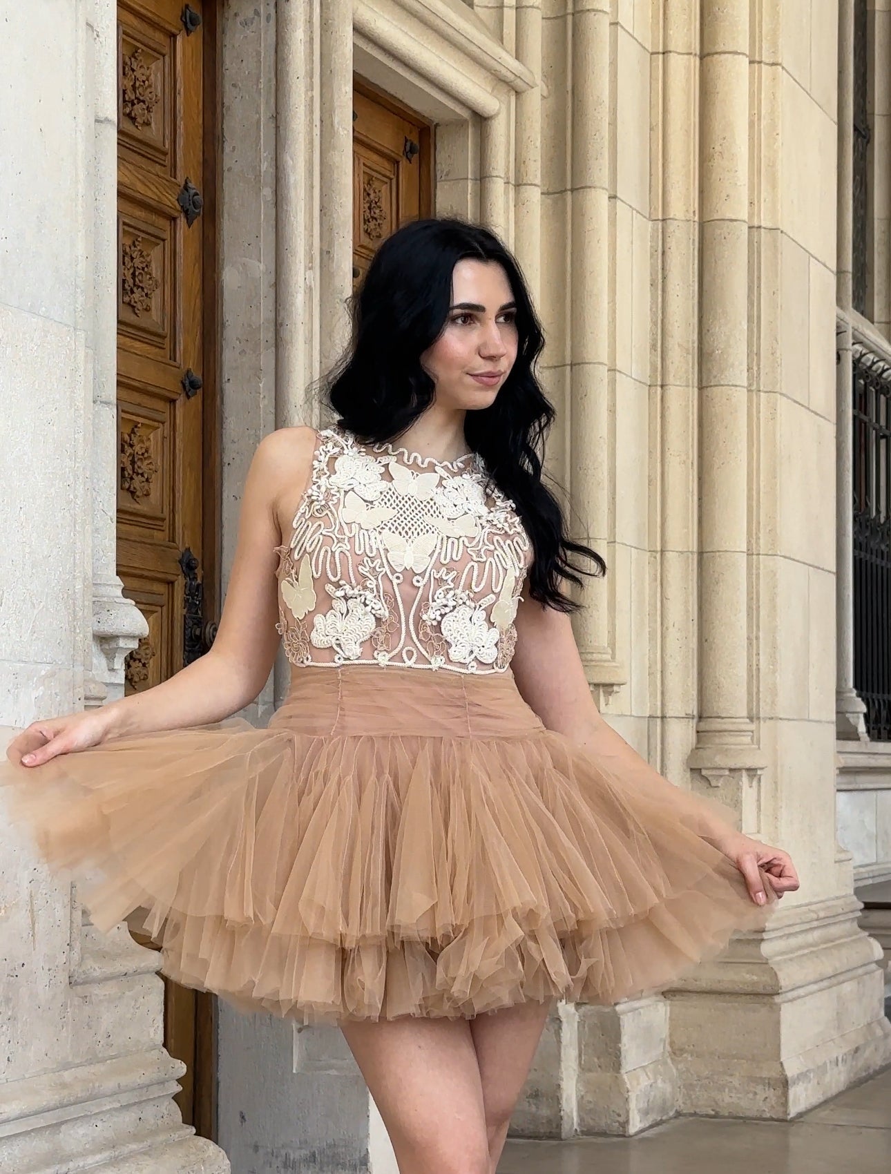 Ballerina |  Beige Tulle Mini Dress with 3D Applique Avalabel