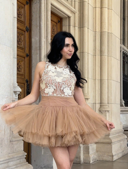 Ballerina |  Beige Tulle Mini Dress with 3D Applique
