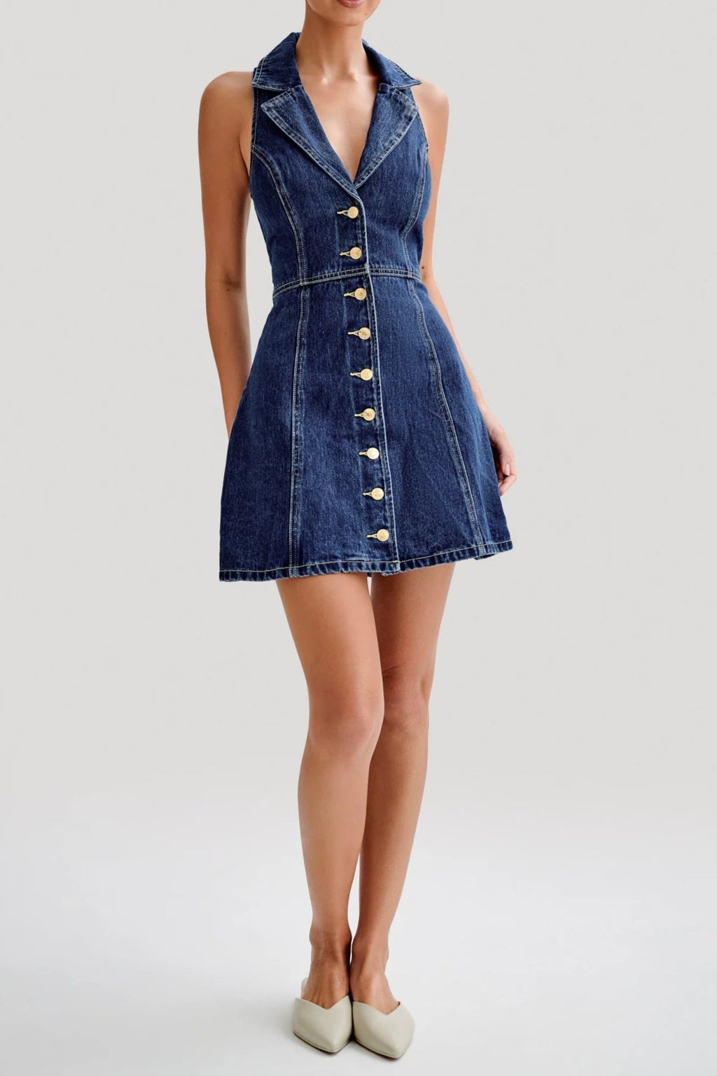 Eartha Collared Denim Mini Dress - Dark Blue Avalabel