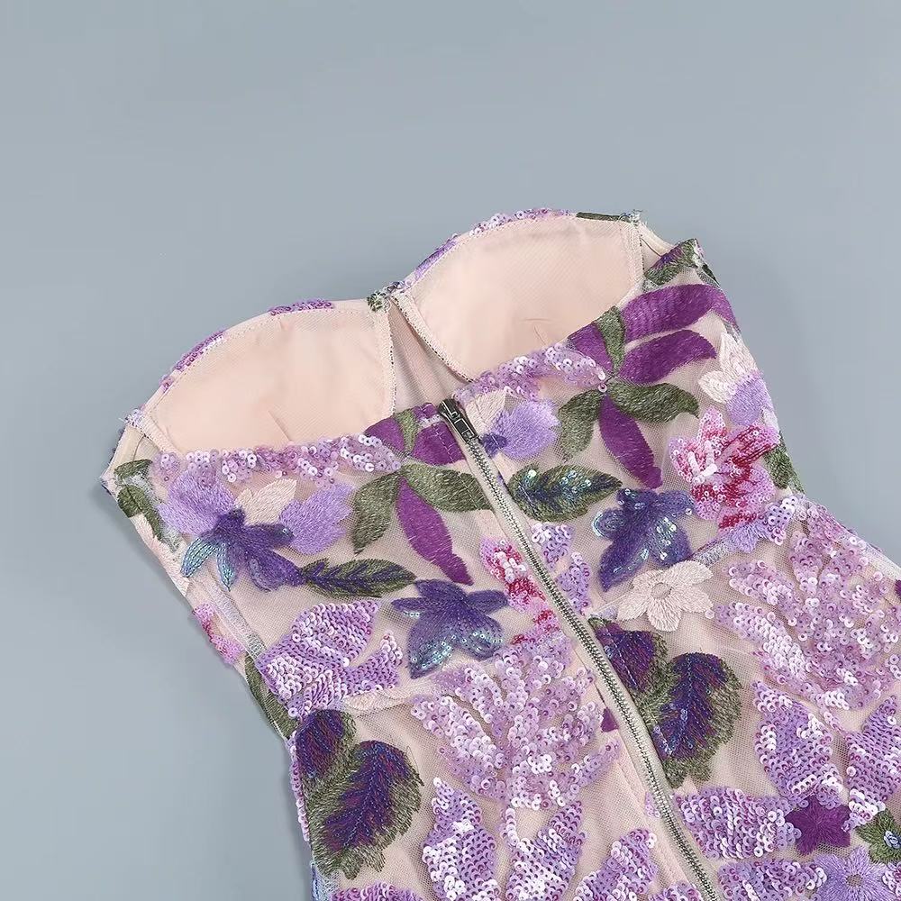 Elara Floral Sequin Embroidered Strapless Maxi Dress - Purple Avalabel