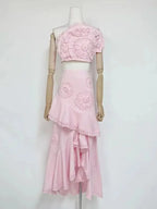 Nina Ruffled Strapless Top Floral Embroidered Mermaid Skirt Set - Pink Avalabel
