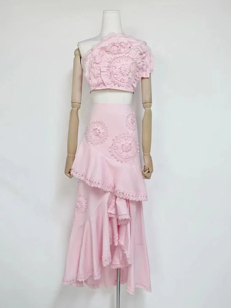 Nina Ruffled Strapless Top Floral Embroidered Mermaid Skirt Set - Pink