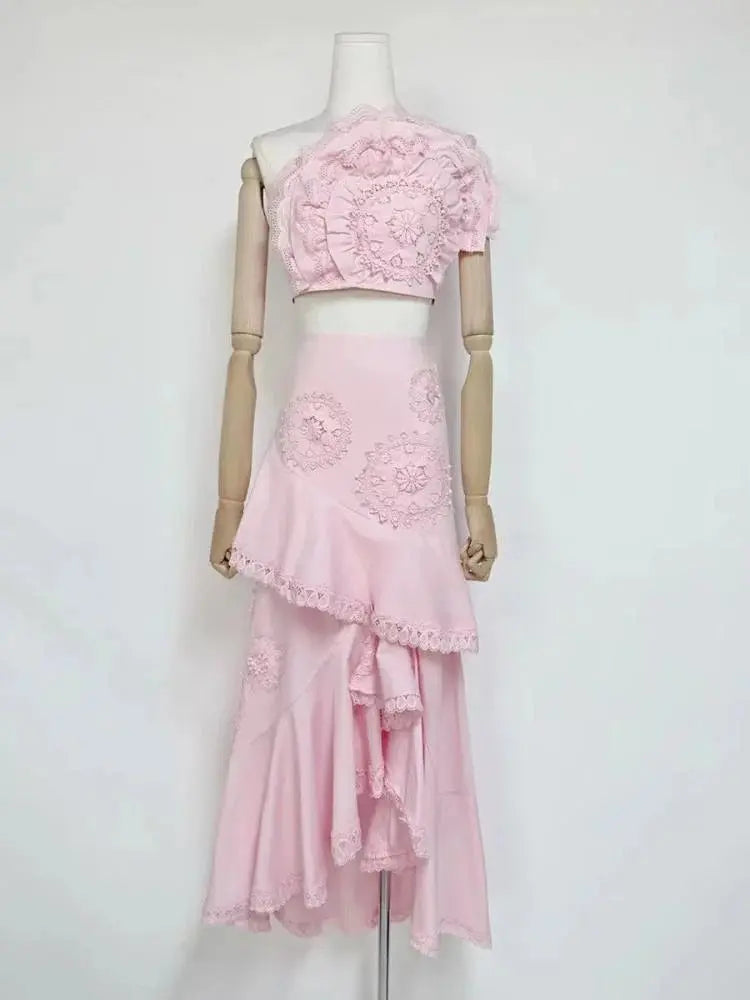 Nina Ruffled Strapless Top Floral Embroidered Mermaid Skirt Set - Pink Avalabel