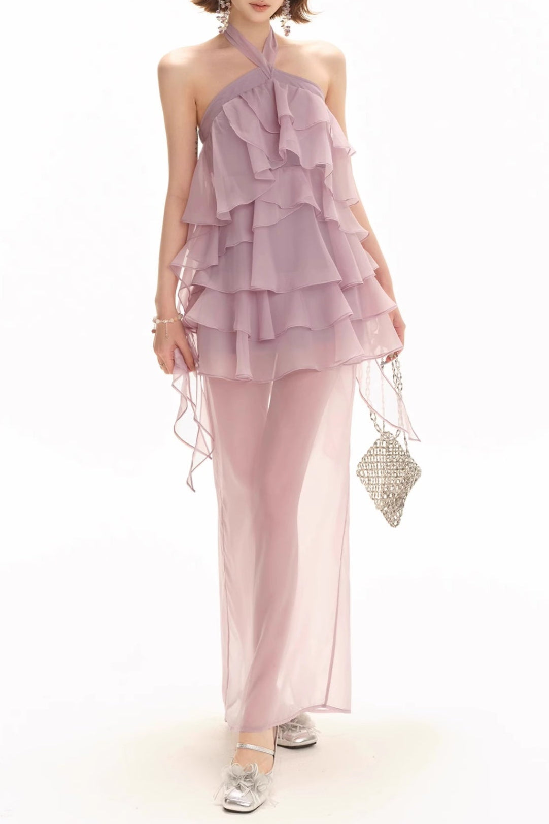 Backless Multi-Layer Ruffle Slit Maxi Dress in Lilac Avalabel