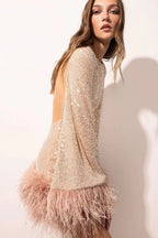 murray pale pink sequin feather trim backless mini dress Avalabel