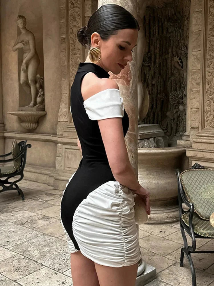 Black-White Panel Sleeveless Gathered Halter Mini Dress Avalabel